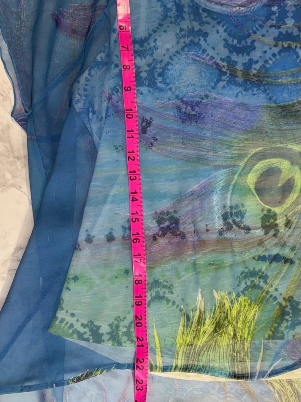 Blue Peacock-Print Chiffon overlay Women's Top - Picture 4 of 7